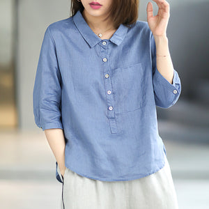 Áo sơ mi linen ngắn tay cổ đức khuy cài sát túi - NU5604