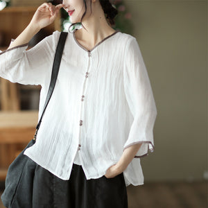 Áo sơ mi linen tay lửng cổ tròn bo viền khuy đôi - NU7408