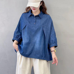 Áo sơ mi denim tay lửng cổ đức vạt bo dây rút - NU8408