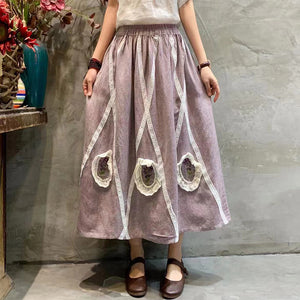 Chân váy retro linen lưng thun thêu ren 3D - NU8328