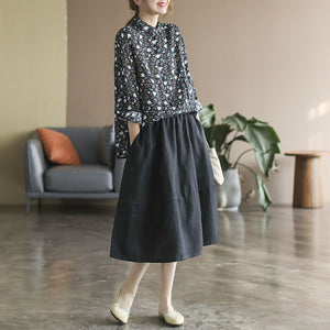 Áo sơ mi linen dài tay cổ pipi xếp ly in hoa nhí - NU6693