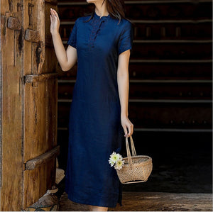Đầm liền linen ngắn tay cổ tàu khuy tròn thêu họa tiết - NU5902