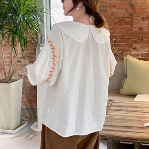 Áo sơ mi linen Morigirl dài tay thêu đối xứng khuy sắc màu - NU8321