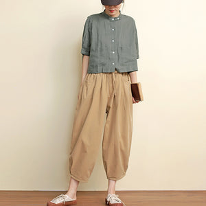 Áo sơ mi linen ngắn tay cổ đứng hai túi vuông  - NU7418