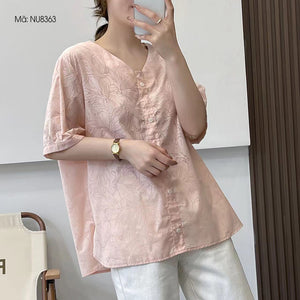 Áo sơ mi ngắn tay cổ V in hoa lá chìm - NU8362