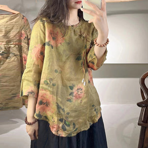 Áo sơ mi linen tay lửng cổ tròn vạt xéo khuy tròn in hoa văn - NU7269