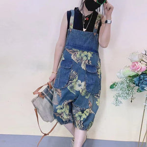 Quần baggy yếm denim retro in hoa lá hai túi hộp - NU7306