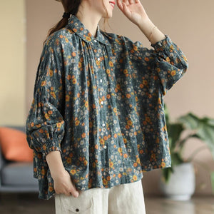 Áo sơ mi linen dài tay cổ pipi xếp ly in hoa liti  - NU6719