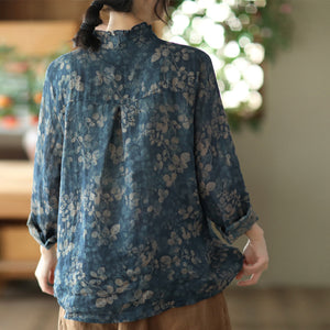 Áo sơ mi linen dài tay cổ đứng xếp ly in những chiếc lá - NU8290