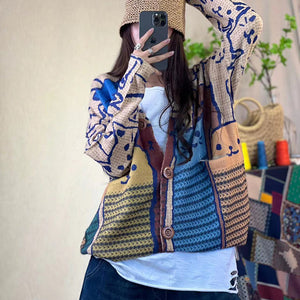 Áo khoác len cardigan dài tay cổ V in những chú mèo - NU8121