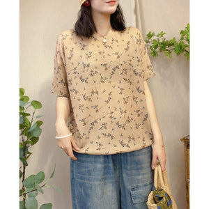 Áo T-shirt ngắn tay dệt kim cổ tròn in hoa lá liti - NU8460