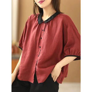 Áo sơ mi linen ngắn tay xếp li cổ pipi - NU7242