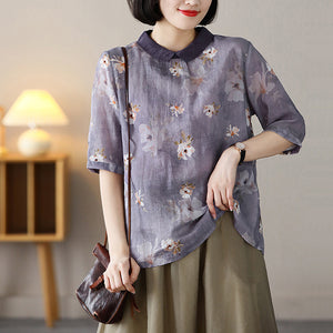 Áo sơ mi linen ngắn tay cổ pipi khuy cài sau in hoa lá - NU7407