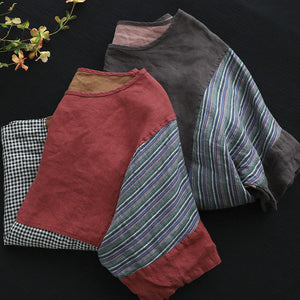Áo T-shirt linen ngắn tay cổ tròn chắp vá mảng màu caro - NU7274