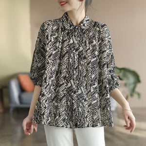 Áo sơ mi linen dài tay cổ pipi xếp ly hoa văn trừu tượng - NU6727