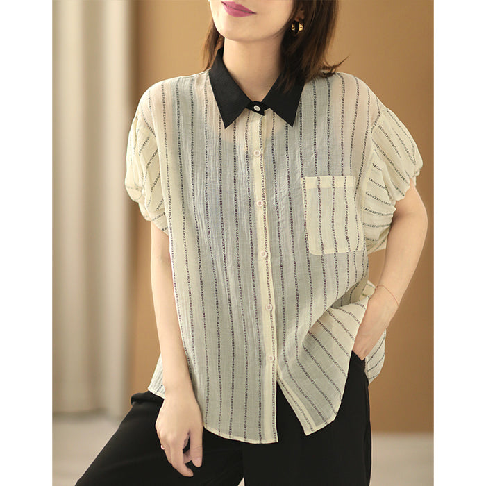 Áo sơ mi linen ngắn tay cổ pipi kẻ sọc bằng chữ - NU7391