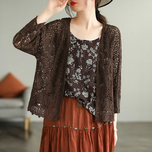 Áo khoác cardigan dệt kim ngắn tay thêu hoa lá - NU7550