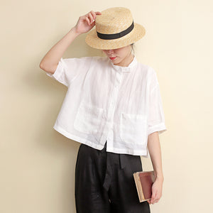 Áo sơ mi linen ngắn tay cổ đứng hai túi vuông  - NU7418