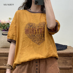 Áo T-shirt linen ngắn tay in typography trái tim - NU8518
