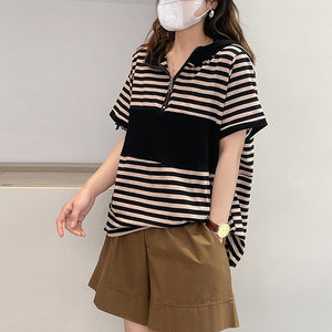 Áo T-shirt hoodies ngắn tay kẻ sọc khóa kéo - NU8379