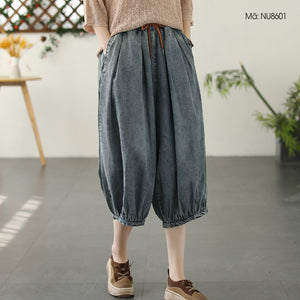 Quần baggy lửng denim lưng thun dây rút ống xếp ly - NU8600