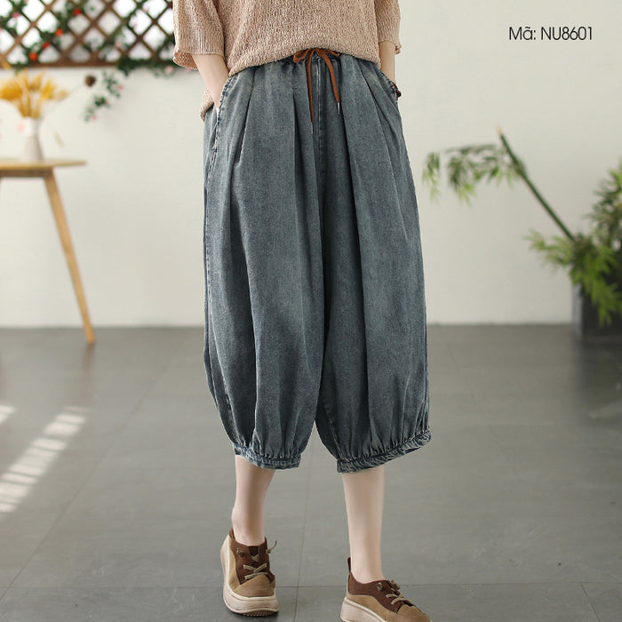 Quần baggy lửng denim lưng thun dây rút ống xếp ly - NU8600