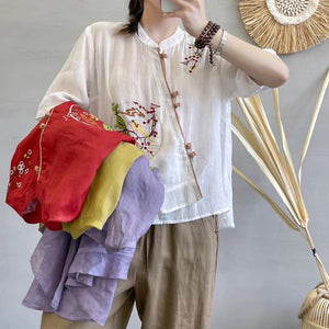 Áo sơ mi linen ngắn tay cổ tàu khuy tròn thêu chim phượng hoàng - NU7172