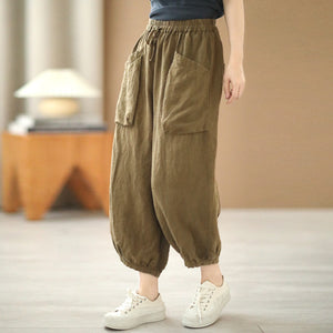 Quần baggy linen lưng thun dây rút kiểu túi hộp - NU7525