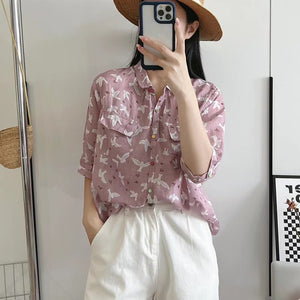 Áo sơ mi linen ngắn tay hai túi vuông in những chú chim - NU7433