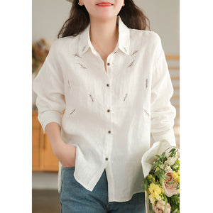 Áo sơ mi linen dài tay cổ đức thêu những chiếc lá - NU7483