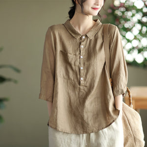 Áo sơ mi linen ngắn tay cổ đức khuy cài sát túi - NU5604