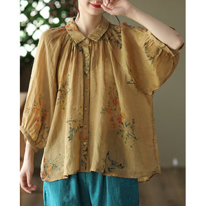 Áo sơ mi linen ngắn cổ pipi xếp ly in bụi hoa - NU7435