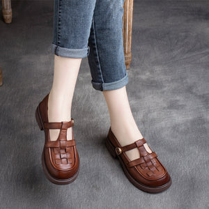 Giày da retro đế cao quai khóa gài kiểu đan caro - OD0685