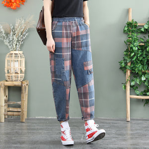 Quần baggy denim retro lưng thun kẻ sọc caro - NU8205