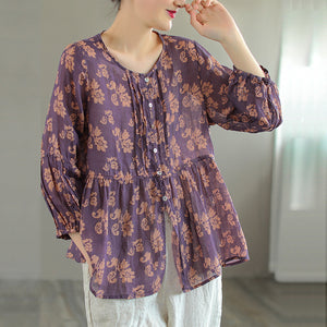Áo sơ mi linen tay lửng cổ tròn xếp ly in hoa liti - NU7214