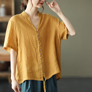Áo sơ mi linen ngắn tay cổ đứng dây rút vạt áo - NU7016