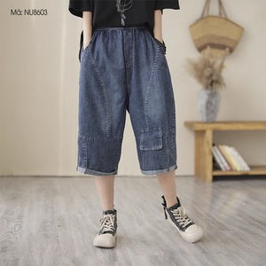 Quần baggy lửng denim lưng thun một túi vuông kiểu - NU8602