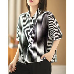 Áo sơ mi linen cổ đức ngắn tay kẻ sọc đứng - NU7065
