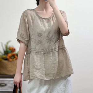Áo sơ mi linen ngắn tay cổ tròn thêu bông tuyết khuy cài sau - NU7473