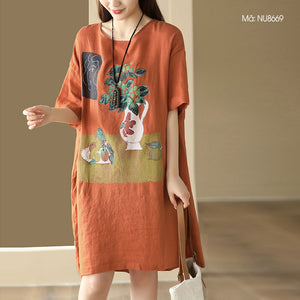 Đầm liền linen ngắn tay cổ tròn in bức tranh tĩnh vật - NU8668