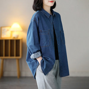 Áo sơ mi denim dài tay cổ đức form dài ba túi kiểu - NU8146
