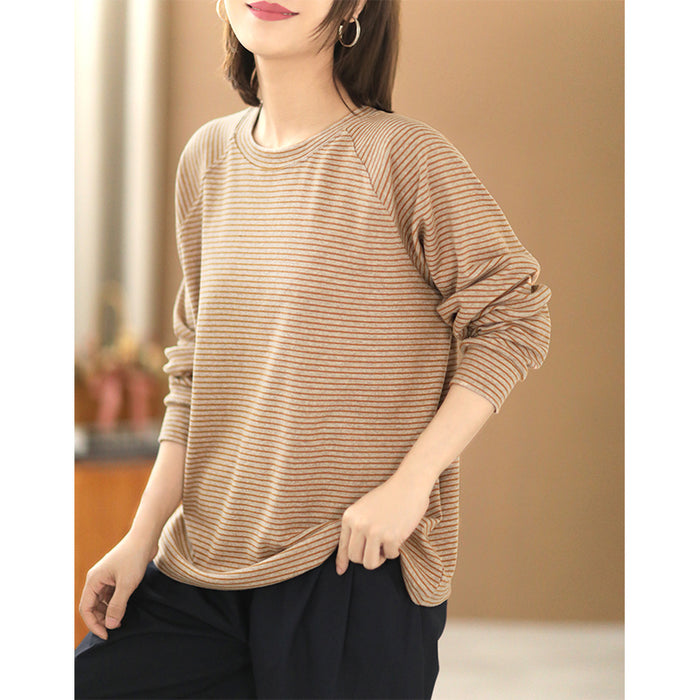 Áo T-shirt dài tay cổ tròn kẻ sọc nhỏ - NU7696