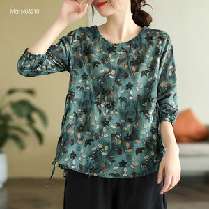 Áo sơ mi linen dài tay cổ tròn in hoa lá eo dây rút - NU8209