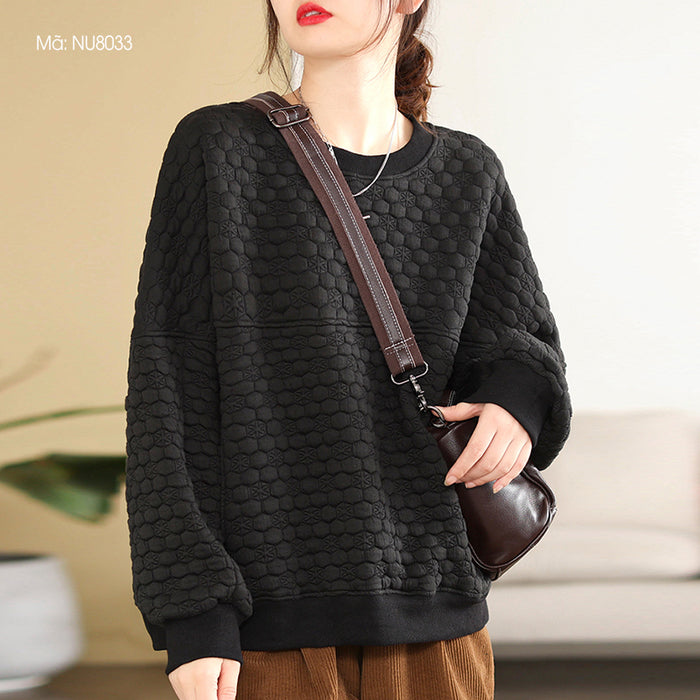 Áo T-shirt dài tay cổ tròn trần bông hai túi đứng - NU8032