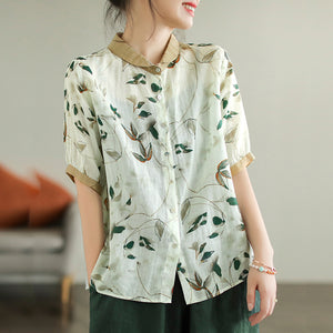 Áo sơ mi linen ngắn tay cổ pipi phối màu in cành lá  - NU7535