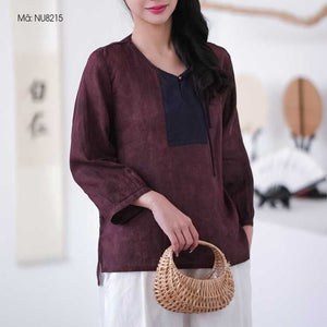 Áo sơ mi linen dài tay cổ V phối mảng màu - NU8214
