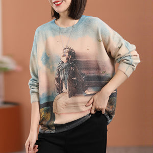 Áo len cashmere dài tay cổ tròn in cô gái - NU7777