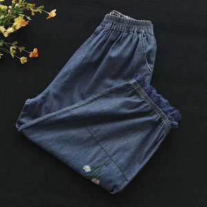 Quần baggy denim thêu hoa gấu thun đính ren - NU7626