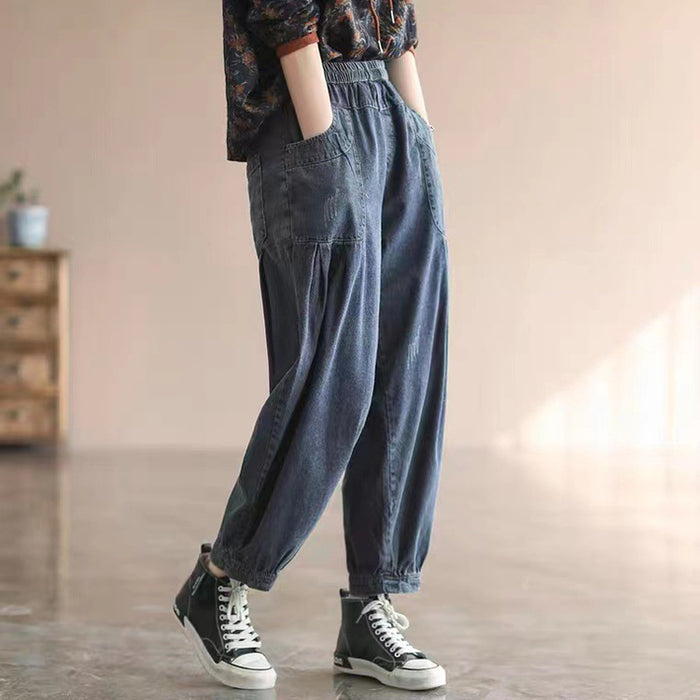 Quần baggy denim lưng thun xếp ly gấu túm - NU6685