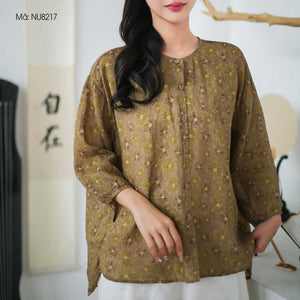 Áo sơ mi linen tay lửng cổ tròn in hoa lá một túi nhỏ - NU8216